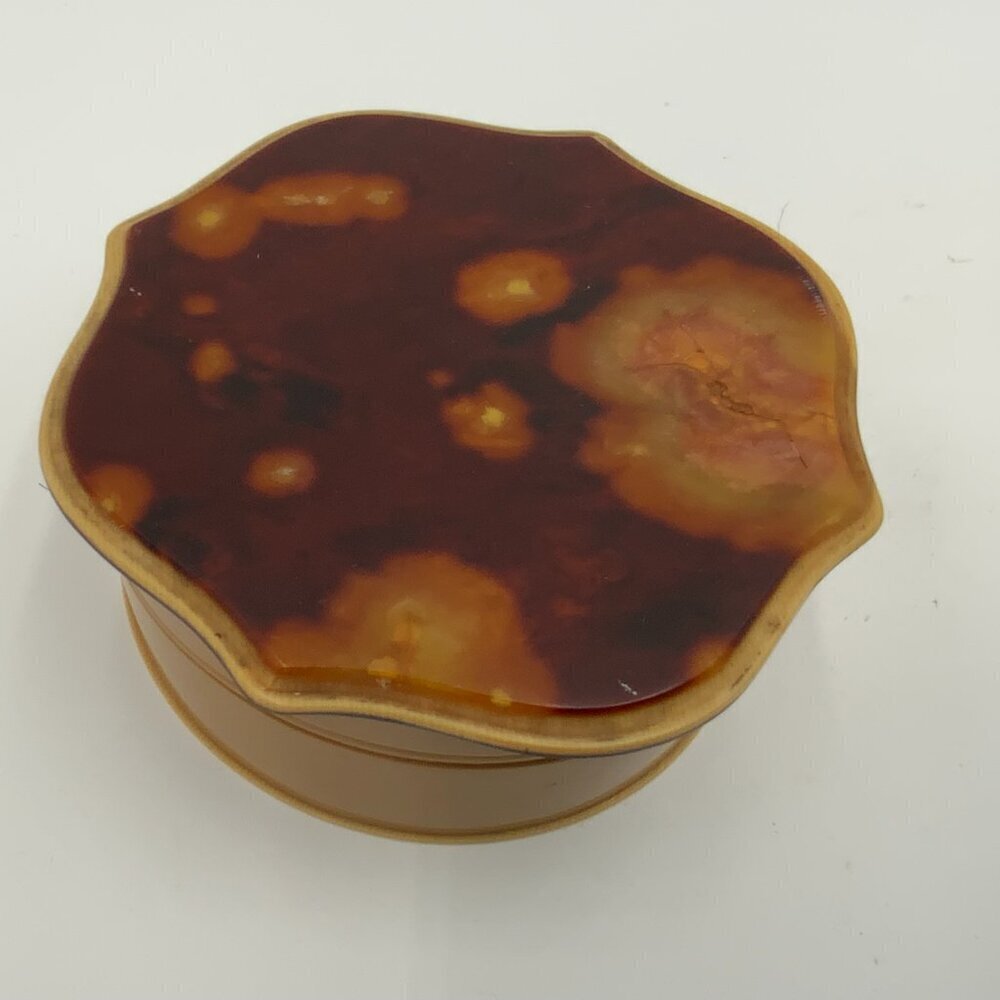 VTG Art Deco Tan Celluloid Powder Puff Box w/Tortoise Design Lid 4 1/2" x 2" - Picture 8 of 10